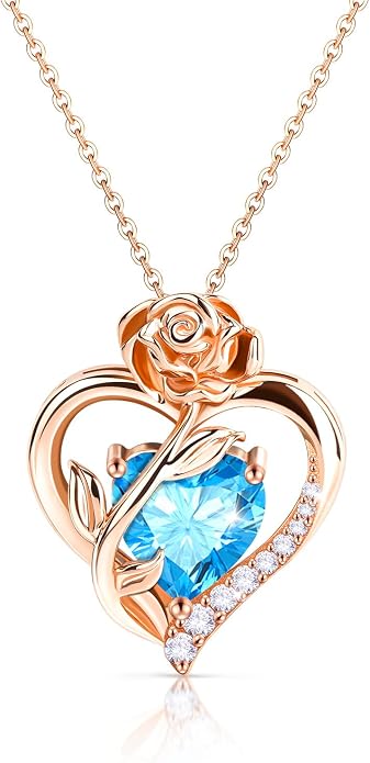 Anniversary Birthday Gifts for Women - Heart Birthstone Necklace: 925 Sterling Silver Rose/White/Yellow Gold Pendant Necklaces Gold Jewelry Gift for Wife Girlfriend Mom Daughter Grandma