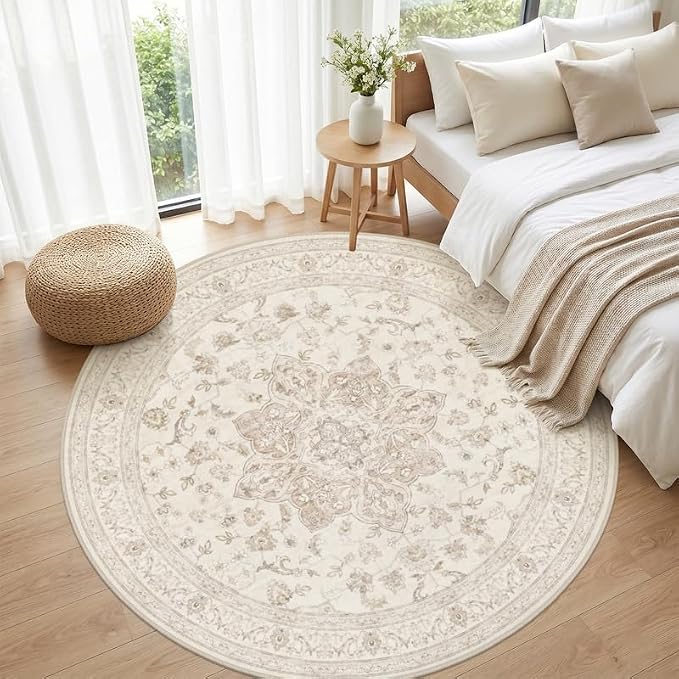 Round Area Rug for Living Room: 8ft Vintage Boho Neutral Washable Circle Rug Soft Large Circular Carpet for Bedroom Nursery Farmhouse Dining Room Office Floor Non-Slip Low Pile Under Table Beige White