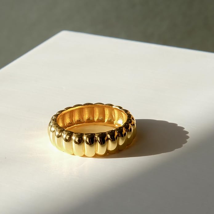 14K Gold Plated Wide Puffy Ribbed Band Ring | Womens Puffy Cloud Gold Stacking Band Thick Bold Statement Stacking Band | Minimalist Everyday Jewelry Gift for Her