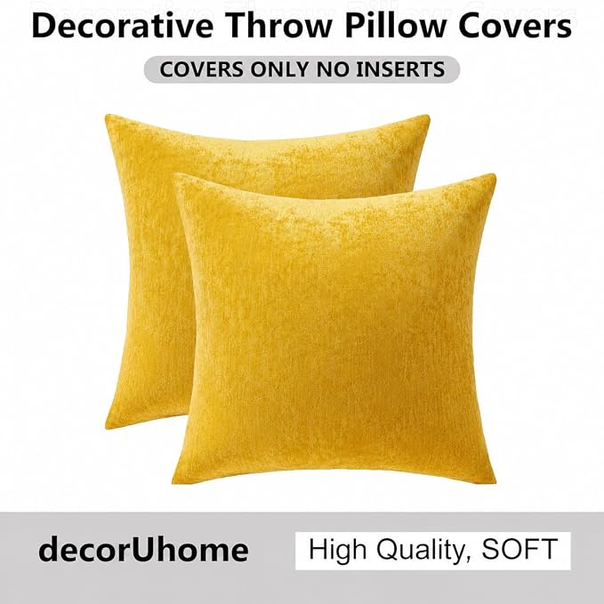 decorUhome Soft Chenille Mineral Yellow Throw Pillow Covers 24X24 Set of 2 | Decorative Fall Couch Pillow Covers Solid Dyed Accent Modern Euro Sham Farmhouse Neutral Square Pillow Cases for Sofa