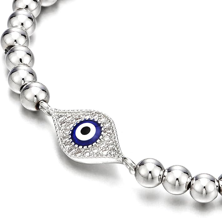 COOLSTEELANDBEYOND Beads Bracelet for Women Men with Cubic Zirconia Protection Evil Eye
