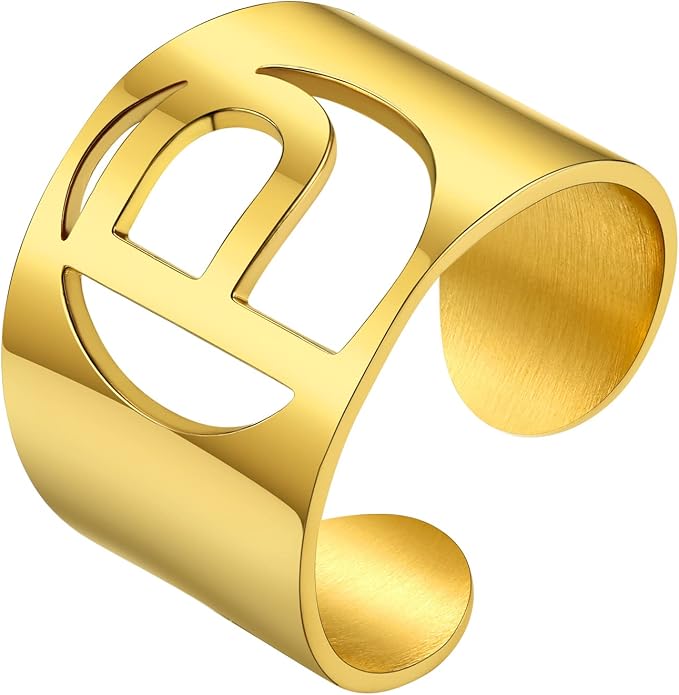 KeyStyle Bold Initial Letter Rings Adjustable, GoldChic Jewelry Women Gold Statement Ring Personalized Engraved Women’s Open Signet Ring for Party (Gold, White Gold, Black)