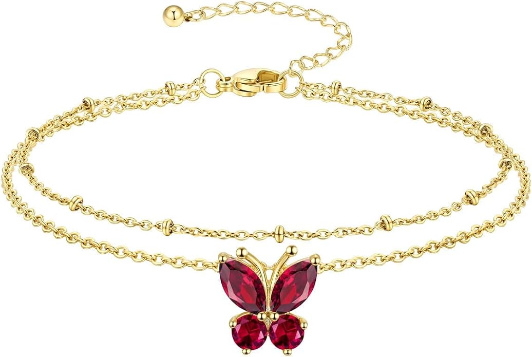 Richsteel Double Layer Heart/Butterfly Birthstone Anklet for Women Non Tarnish Waterproof, Silver/Gold/Black Stainless Steel 8.5-10.5 Inch Adjustable Chain Anklets Jewelry Gifts for Her
