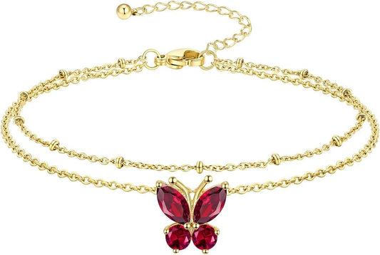 Richsteel Double Layer Heart/Butterfly Birthstone Anklet for Women Non Tarnish Waterproof, Silver/Gold/Black Stainless Steel 8.5-10.5 Inch Adjustable Chain Anklets Jewelry Gifts for Her