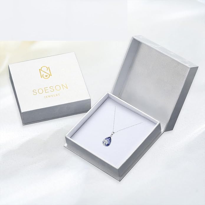 925 Sterling Silver Birth Flower Necklace with Teardrop Shaped Birthstone - 12 Colors, 12 Kinds of Flower - Ideal Birthday Jewelry Gift for Women, Mothers, Daughters & Wives