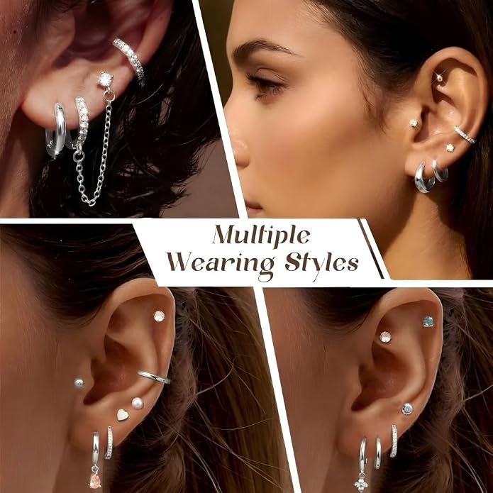 Incaton Hypoallergenic Flat Back Earrings for Women 14K Gold Stainless Steel Earrings for Sensitive Ears 20G Cartilage Earring Stacks Huggie Hoops Flatback Stud Earring Sets for Multiple Piercing Silver