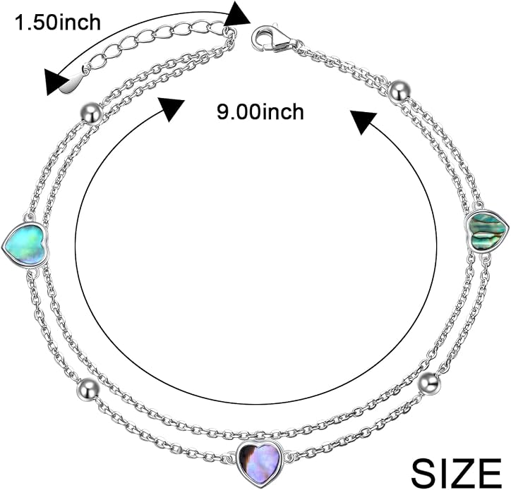 Ladytree S925 Sterling Silver Boho Beach Double Layer Anklets Bracelet for Women Adjustable 9 to 11 inches