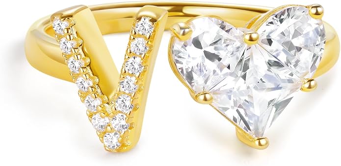 KissYan Sterling Silver Initial Heart Ring for Women, S925 Letter Rings 14K Gold Plated Open Adjustable Dainty Pave CZ Personalized Fashion Trendy Gifts for Mother's Day