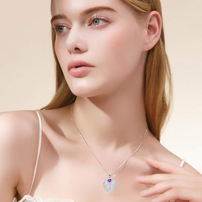 YFN Angel Wings Necklace 925 Sterling Silver Guardian Angel Wings Pendant Necklace Birthstone Necklace for Women Girls Christmas Jewelry Gifts