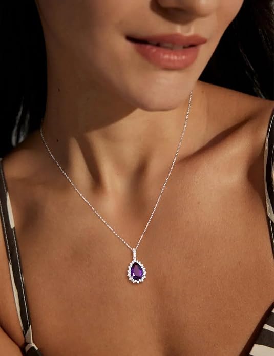 925 Sterling Silver Teardrop Necklace for Women Huge Created Gemstone Solitaire Halo Pendant Pear Cut Birthstone Necklace