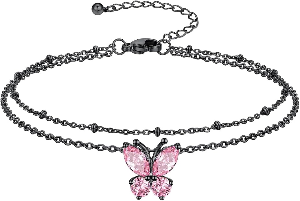 Richsteel Double Layer Heart/Butterfly Birthstone Anklet for Women Non Tarnish Waterproof, Silver/Gold/Black Stainless Steel 8.5-10.5 Inch Adjustable Chain Anklets Jewelry Gifts for Her