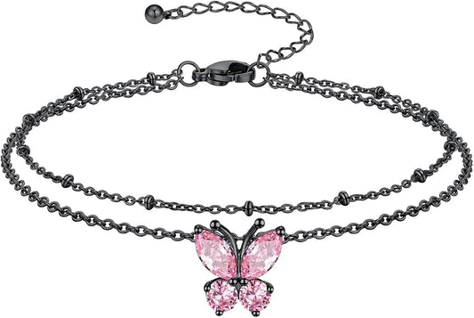 Richsteel Double Layer Heart/Butterfly Birthstone Anklet for Women Non Tarnish Waterproof, Silver/Gold/Black Stainless Steel 8.5-10.5 Inch Adjustable Chain Anklets Jewelry Gifts for Her