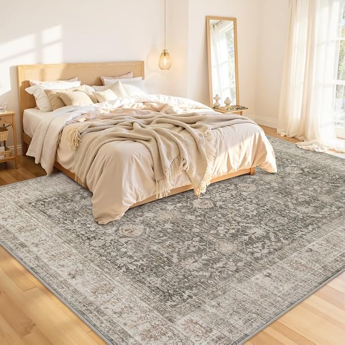8x10 Area Rugs for Living Room: Vintage Boho Neutral Washable Rug Indoor Soft Large Area Rug Carpet for Bedroom Nursery Farmhouse Dining Room Office Floor Non-Slip Low Pile Under Table Rug Warm Taupe