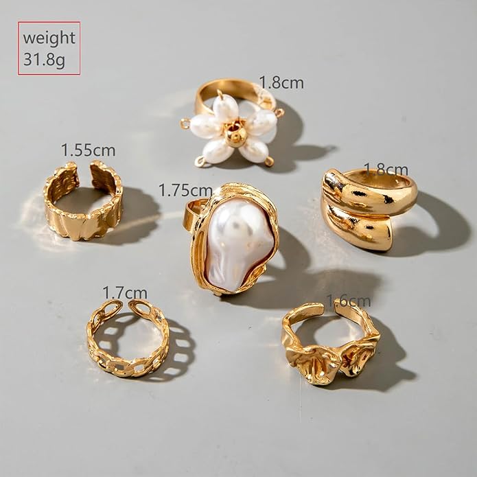 Chunky Gold Irregular Rings Stack Set for Women Statement Baroque Pearl Flower Stackable Knuckle Finger Ring Non Tarnish Boho Hammered Jewelry Gifts