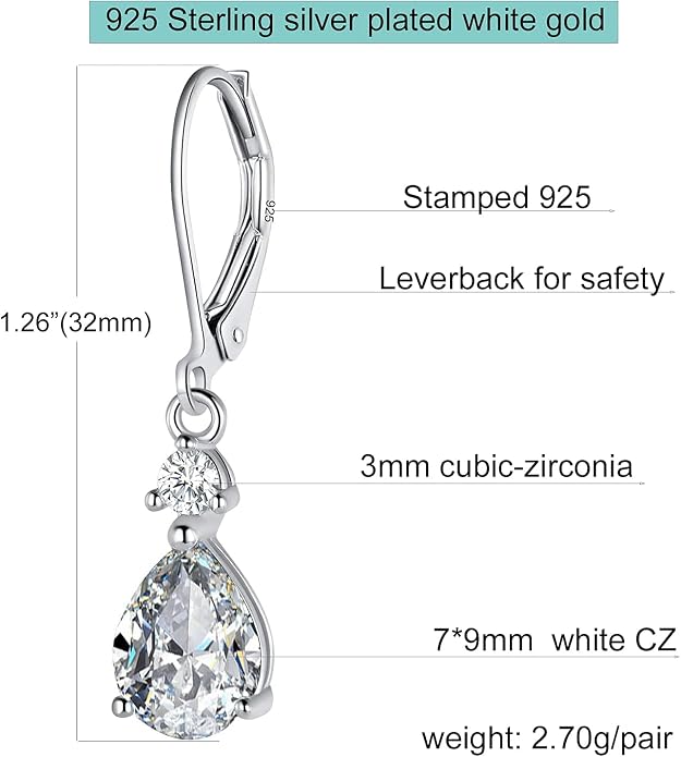 925 Sterling Silver Blue Topaz/Amethyst/Rainbow Quartz CZ Teardrop Leverback Earrings Drop Dangly Gemstone Earings Hypoallergenic Birthday Jewelry Gifts for Women