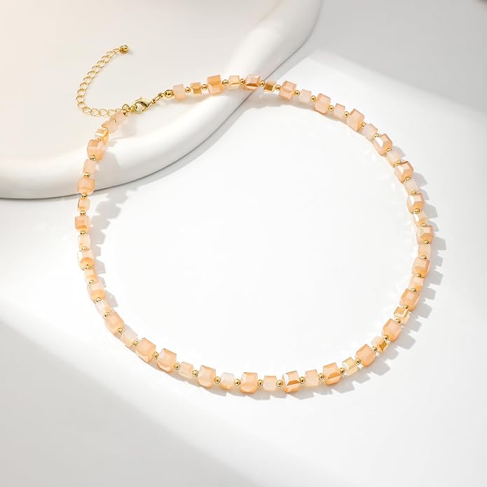 LALAPPLE Colorful Beaded Gemstone Necklace for Women, Boho Rainbow Bead Choker with Natural Stone Crystal Beads, Handmade Summer Beach Necklace Jewelry