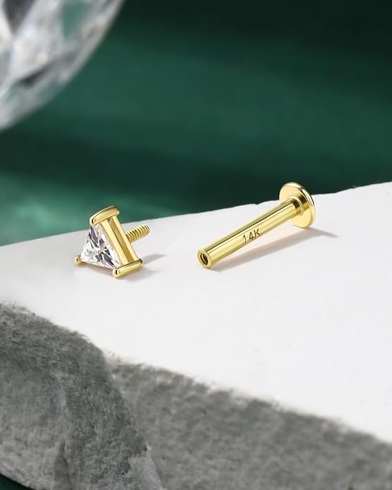 COCHARM 14K Real Gold Helix Cartilage Conch Earring, 16g Flat Back Triangle Tragus Piercing Jewelry, Solid Gold Lip Ring Stud, Yellow Gold Labret Jewelry