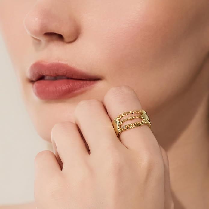 Cicy Bell Gold Rings for Women 18K Gold Plated Non Tarnish Chunky Wide Ring Chain Link Jewelry Gifts for Lovers and Mom Size 7