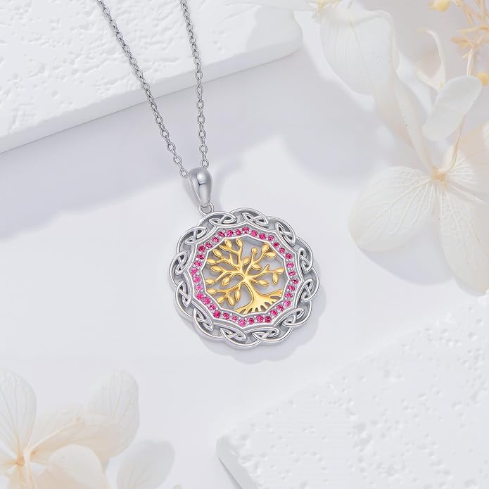 Sterling Silver Birthstone Celtic Tree of Life Necklace, 18K Gold Plated Colored Gemstone Tree of Life Pendant Two-Tone Necklaces Jewelry Birthday Gifts for Women 18" - 20"