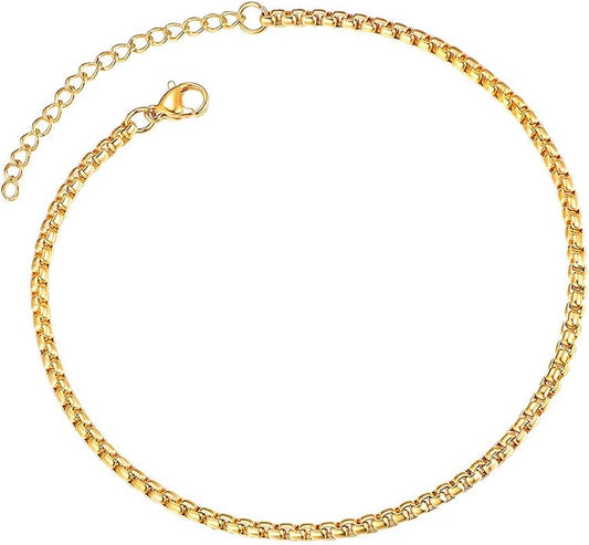 ChainsPro Resizable Anklet Chain for Women Men, Figaro/Wheat/Twist Rope/Cuban Foot Bracelet-Strong with Good Clasp-18K Gold Plated(Send Gift Box)