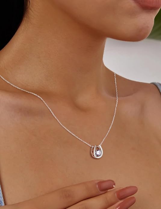 925 Sterling Silver Horseshoe Necklace for Women Round Gemstone Birthstone Necklace Sapphire/Emerald/Ruby/CZ Horse Shoe Pendant Necklaces Jewelry Gift