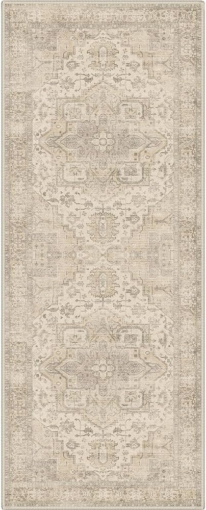 GENIMO 2x5 Washable Runner Rug Non Slip for Hallway, Beige Ivory | Vintage Floral Kitchen Runner, Stain Resistant, Low Pile and Lightweight for Entryway, Bedroom, Bathroom and Laundry Room