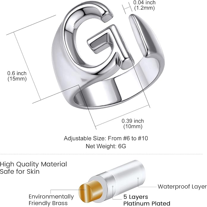 KeyStyle Bold Initial Letter Rings Adjustable, GoldChic Jewelry Women Gold Statement Ring Personalized Engraved Women’s Open Signet Ring for Party (Gold, White Gold, Black)