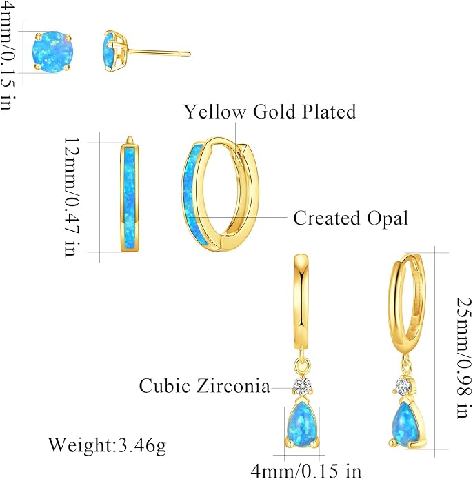 CiNily Opal Earrings Set for Women Hypoallergenic, Opal Stud Huggie Hoop Earrings Silver/Rose Gold Plated Dainty Hoop Huggie Silver Dangle Earring Stacks, Gold Jewelry
