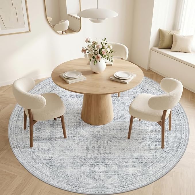 Round Area Rug for Living Room: 6ft Vintage Boho Neutral Washable Circle Rug Soft Large Circular Carpet for Bedroom Nursery Farmhouse Dining Room Office Floor Non-Slip Low Pile Under Table Rug Gray