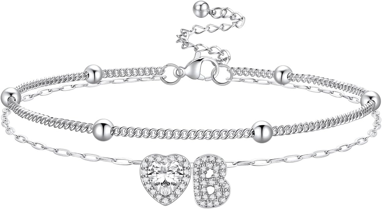 Bestyle Initial Anklet Bracelets for Women Waterproof Non Tarnish 14K Gold/White Gold Plated CZ Anklets for Women Dainty Layered Letter Heart Ankle Bracelets Adjustable Foot Chain Anklet