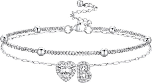 Bestyle Initial Anklet Bracelets for Women Waterproof Non Tarnish 14K Gold/White Gold Plated CZ Anklets for Women Dainty Layered Letter Heart Ankle Bracelets Adjustable Foot Chain Anklet