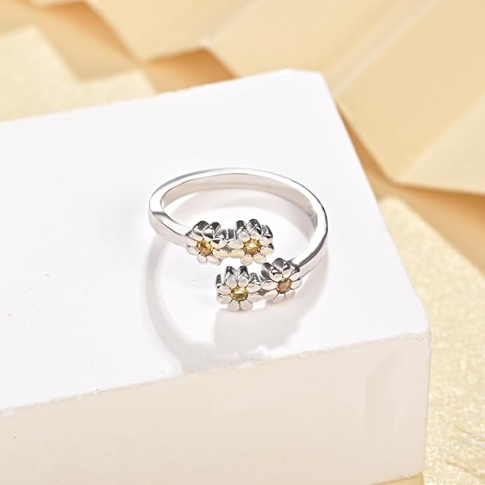 Jinlou 925 Sterling Silver Dainty Daisy Rings Flower Finger Rings For Women Love Promise Band Sunflower Adjustable Thumb Rings For Women