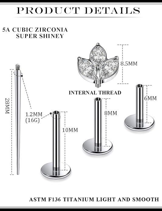 16G Astm F136 Titanium Internal Thread Flat Back Earrings Nose Studs Tragus Forward Helix Conch Cartilage Lobe Earrings Stud Medusa Labret Monroe Lip Ring Piercing Jewelry For Women Men