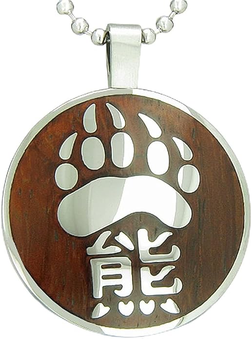 Magic Human Bear Paw Necklace - Grizzly Claw Pendant - Wood and Steel Unique Medallion - Kanji Protection Amulet