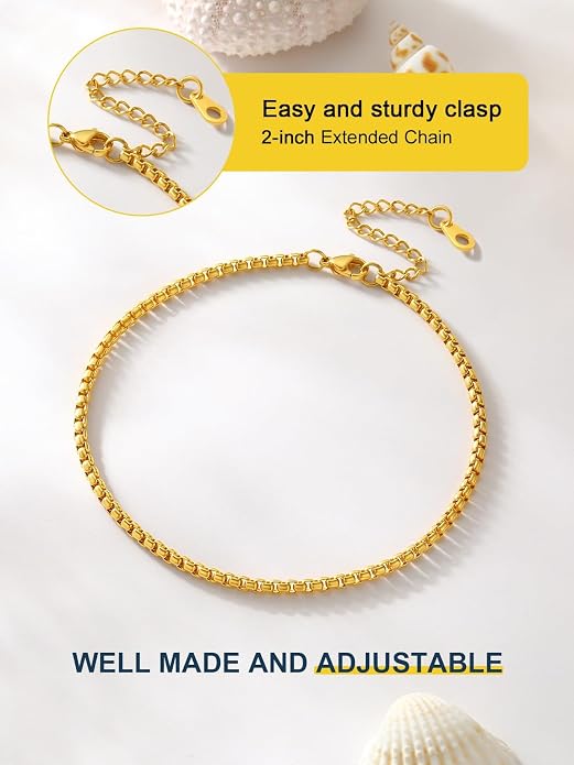 ChainsPro Resizable Anklet Chain for Women Men, Figaro/Wheat/Twist Rope/Cuban Foot Bracelet-Strong with Good Clasp-18K Gold Plated(Send Gift Box)