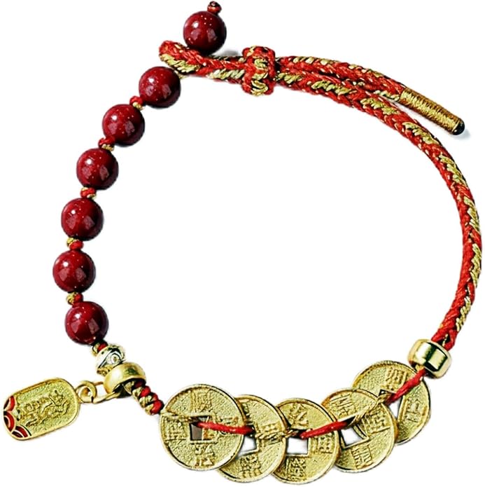 Feng Shui Bracelet for Wealth and Success – Genuine Cinnabar Beads with Five Emperor Coins Amulet – Spiritual Protection & Good Luck Jewelry – Adjustable Health & Prosperity Charm for Men and Women