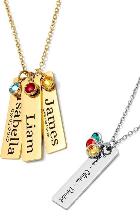 Custom Engraved 3D Vertical Pillar Bar Necklace – Personalized Name Pendant – 1 to 4 Sides – Non-Tarnish Stainless Steel – Gold/Silver – Adjustable Chain – Gift for Her, Mom/Dad With Kids Names
