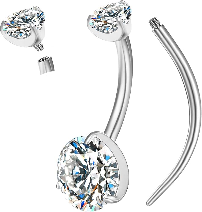 VOJO Moissanite Belly Button Ring, Titanium Navel Piercing Bar with Internally Threaded Barbell for Women