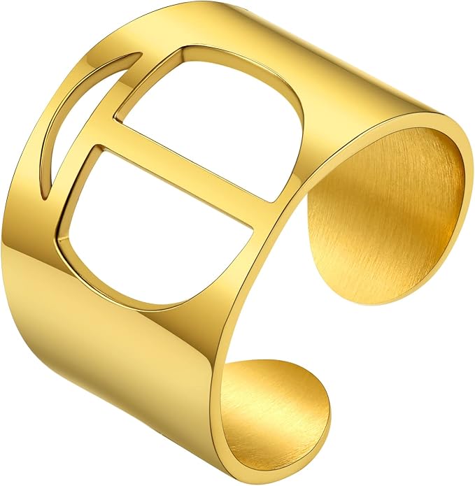 KeyStyle Bold Initial Letter Rings Adjustable, GoldChic Jewelry Women Gold Statement Ring Personalized Engraved Women’s Open Signet Ring for Party (Gold, White Gold, Black)