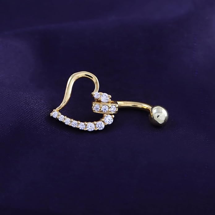 AFFY Women's Heart Charm Belly Ring with Round White Cubic Zirconia in 14K Gold Plated 925 Sterling Silver, Dangle Navel Piercing Jewelry for Her
