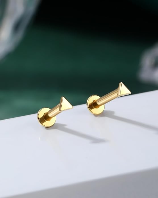 COCHARM 14K Real Gold Helix Tragus Cartilage Piercing Jewelry-Titanium Post-Threadless Tragus Conch Cartilage Earring Stud Flat Back 16g Labret Stud 6mm, 8mm Push Pin Triangle Medusa Jewelry