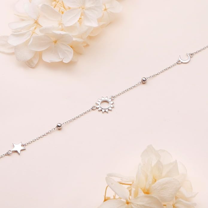 Alphm Anklet for Women S925 Sterling Silver Adjustable Foot Evil Eye Starfish Heart Bead Butterfly Celtic Knot Cross Multilayer Layered Ankle Bracelet Jewelry