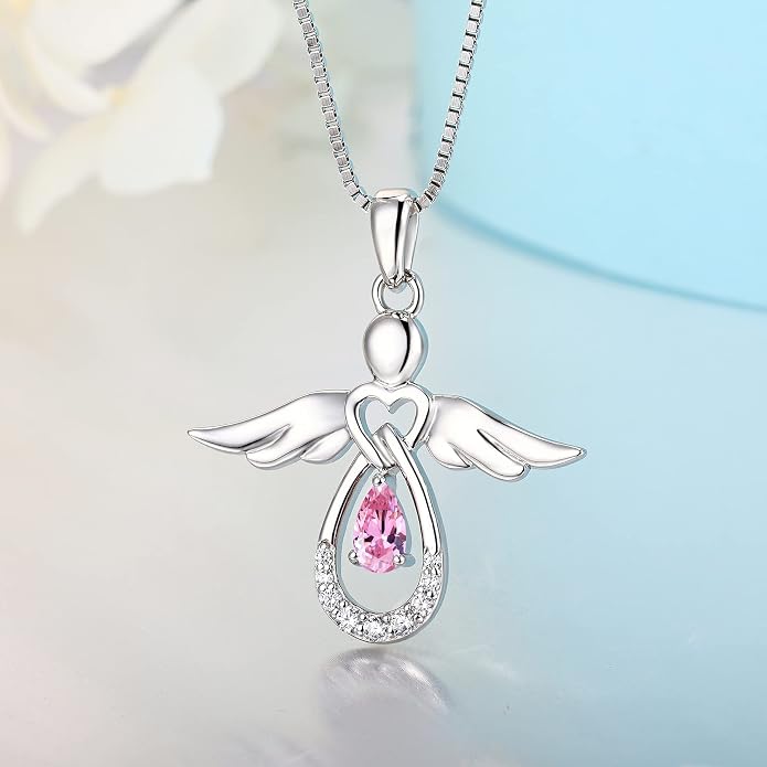 FJ Guardian Angel Necklace 925 Sterling Silver Birthstone Pendant Angel Jewelry Gifts for Women
