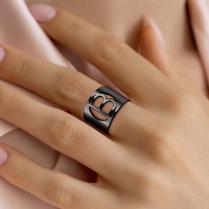 KeyStyle Bold Initial Letter Rings Adjustable, GoldChic Jewelry Women Gold Statement Ring Personalized Engraved Women’s Open Signet Ring for Party (Gold, White Gold, Black)
