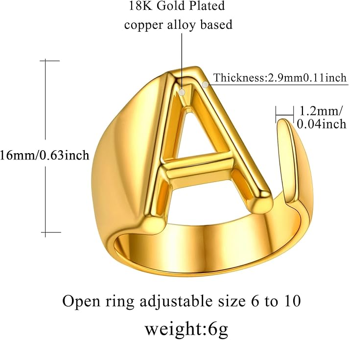 FindChic Customizable Initial Ring Statement 18K Gold Plated Fashion Cuff Rings for Women Alphabet Letter A to Z Resizable Knuckle Ring (with Gift Box)