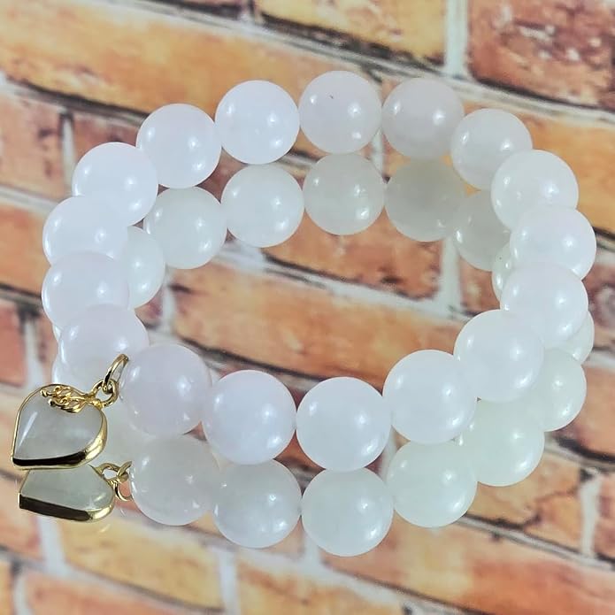 Premium White Jade Bracelet with Heart Charm – Natural White Jade Beaded Stretch Bracelet for Women, Elegant Lucky Crystal Jewelry Gift with Red Satin Pouch