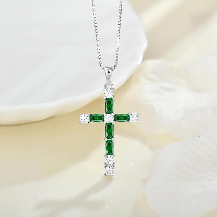 Birthstone Cross Necklace for Women 925 Sterling Silver Christian Religious Crucifix Pendant Rectangular Cut Birthstone Jewelry Gifts for Her