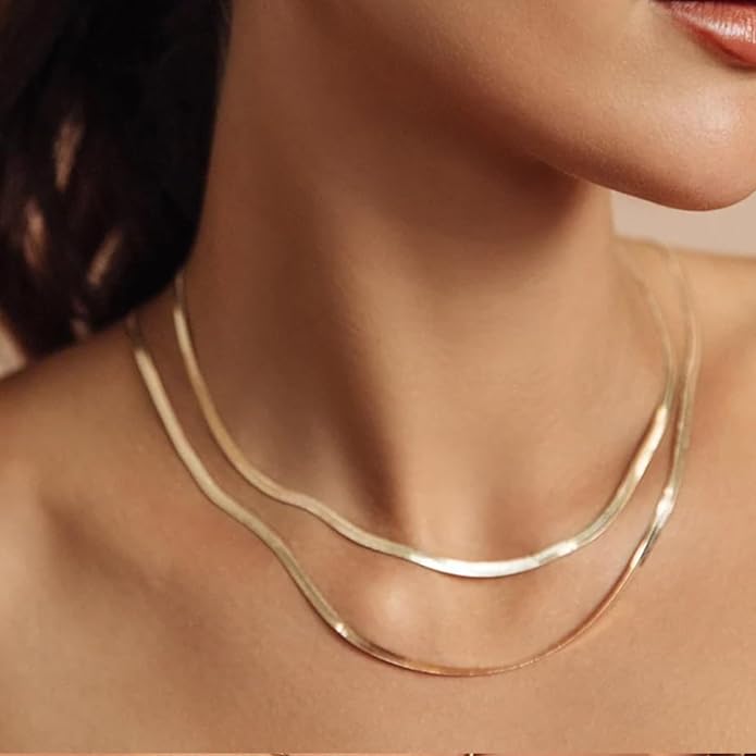 Gold Herringbone Necklace For Women - Rope Chork,Flat Snake Chain Necklaces in 18K Gold & White Gold Plated Tone - Simple Daily Jewelry-Tarnish Free-16-18in