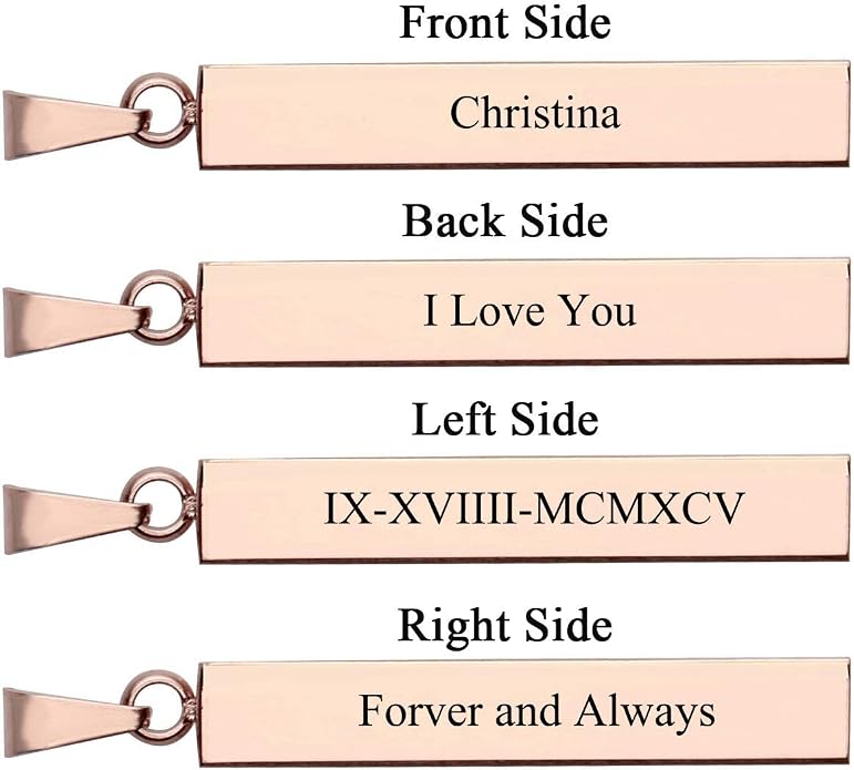 PiercingJ 4 Side Engraving Personalized Custom Message Name Bar Necklace Stainless Steel Pendant Chain for Men Women Valentine's Day Gift Box