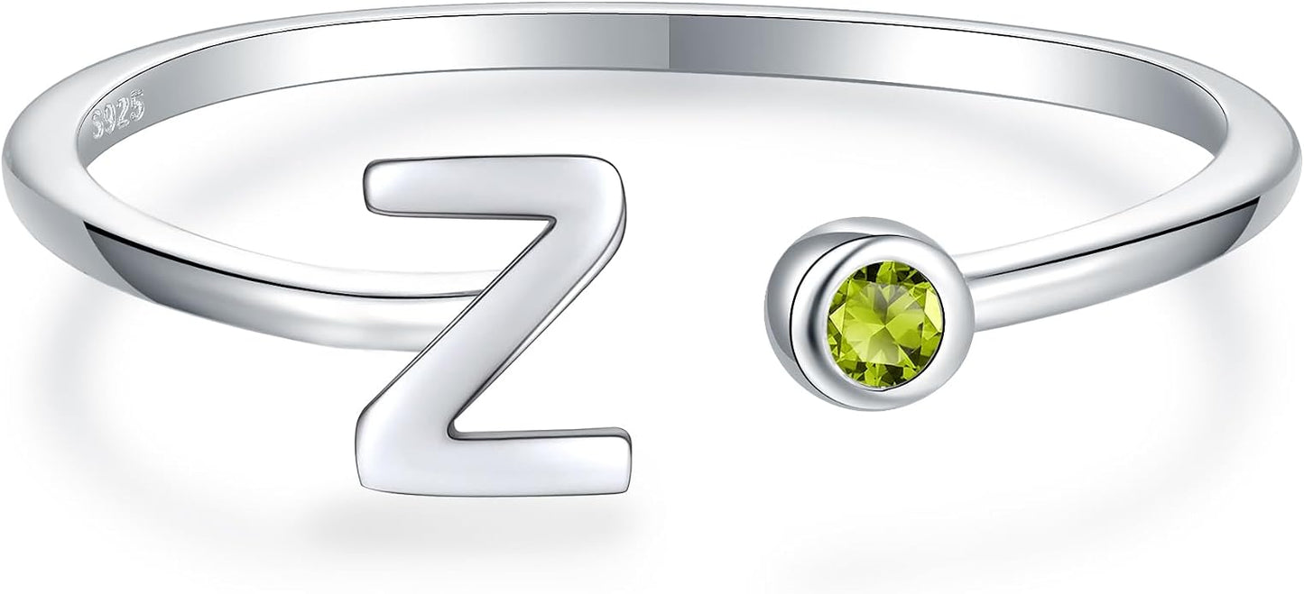 925 Sterling Silver Initial Letter Birthstone Rings for Women Adjustable 1-12 Month Birthstone Alphabet Stacking Ring for Teens Girls Stackable Birthstone Rings Birthday Jewelry Gift for Daughter Mom
